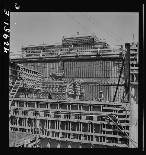 Shasta Dam, Shasta County, California. The dam under construction, showing the wooden forms for concrete