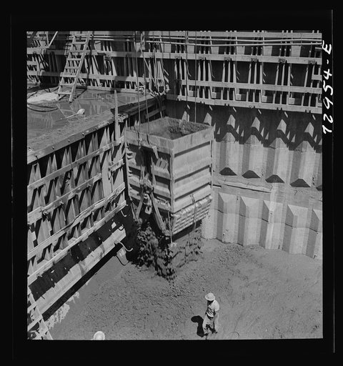 Shasta Dam, Shasta County, California. Dumping concrete in construction of dam