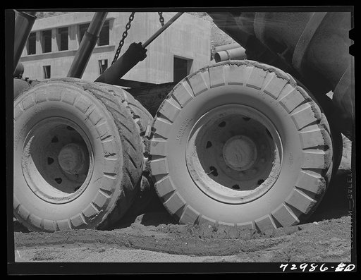 Shasta Dam, Shasta County, California. Tires on dump truck