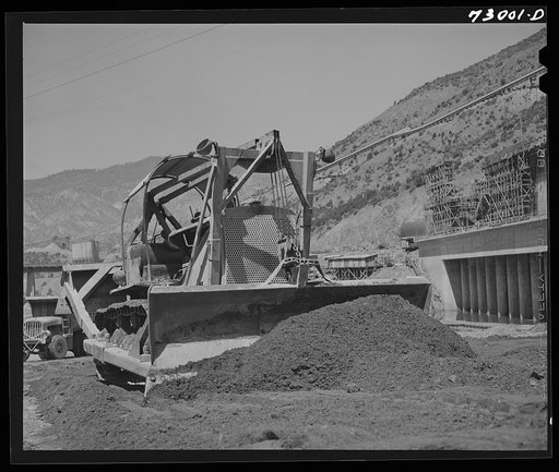 Untitled photo, possibly related to:  Shasta Dam, Shasta County, California. Bulldozer