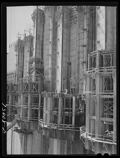 Shasta Dam, Shasta County, California. Construction work at the dam, showing wooden forms for concrete and steel reinforcing bars