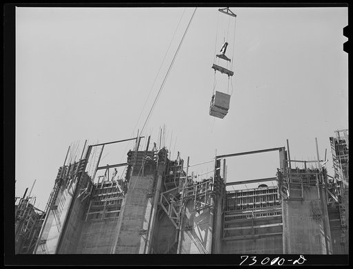 Shasta Dam, Shasta County, California. Bucket of concrete, which travels on cable, arriving at construction area