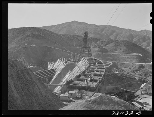 Shasta Dam, Shasta County, California. The dam under construction, showing the head tower with cables leading from it
