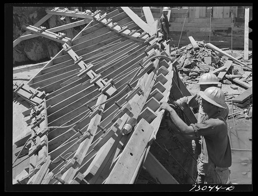 Shasta Dam, Shasta County, California. Carpenters build wooden concrete forms