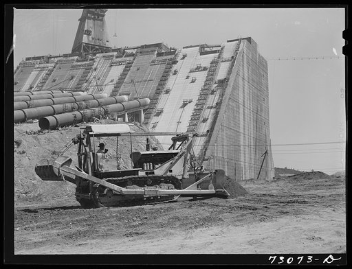 Shasta Dam, Shasta County, California. Bulldozer working at the dam