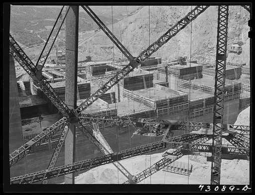 Shasta Dam, Shasta County, California. The dam under construction as viewed from elevator on head tower