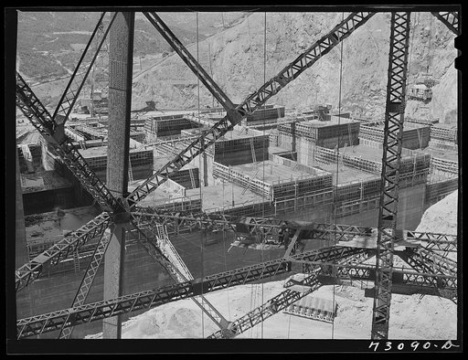 Untitled photo, possibly related to: Shasta Dam, Shasta County, California. The dam under construction as viewed from elevator on head tower