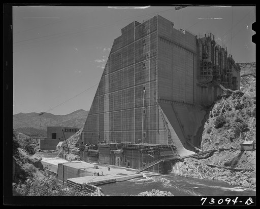 Untitled photo, possibly related to: Shasta Dam, Shasta County, California. One side of the dam under construction
