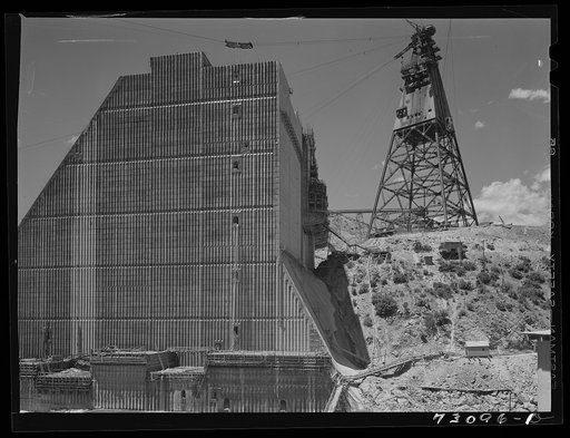 Untitled photo, possibly related to: Shasta Dam, Shasta County, California. One side of the dam under construction