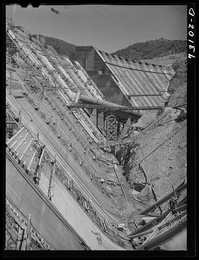 Untitled photo, possibly related to: Shasta Dam, Shasta County, California. View of the dam under construction