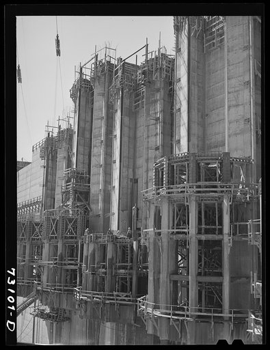 Shasta Dam, Shasta County, Claifornia. Construction work at the dam showing wooden forms for concrete and steel reinforcing bars