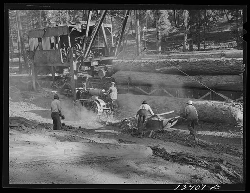 Lumberjacks cleaning up debris at the McGiffart loading machine. This machine loads logs from trucks onto flatcars. Malheur National Forest, Grant County, Oregon