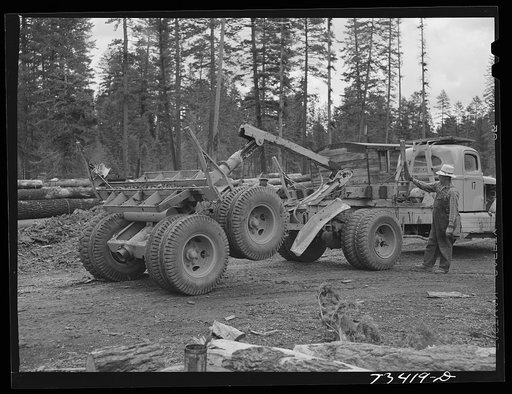 Grant County, Oregon. Malheur National Forest. Log truck and trailer. The trailer folds when not in use for hauling logs