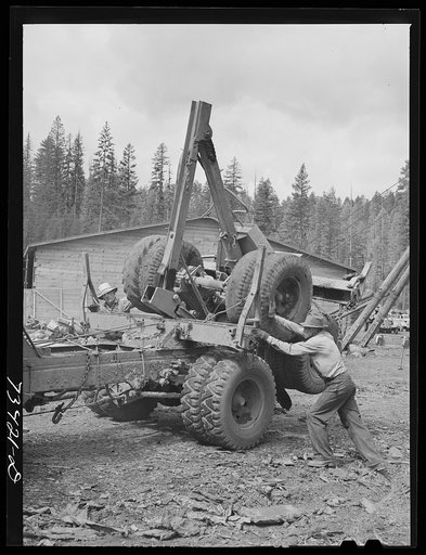 Grant County, Oregon. Malheur National Forest. Log truck trailer can be folded when it is not used for hauling