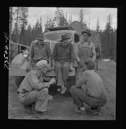 Malheur National Forest, Grant County, Oregon. Lumberjacks and a truckload of boys
