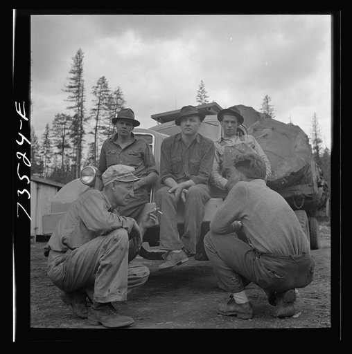 Untitled photo, possibly related to: Malheur National Forest, Grant County, Oregon. Lumberjacks and a truckload of boys