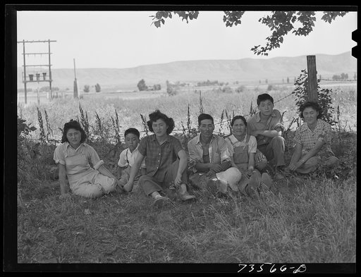 Nyssa, Oregon. (vicinity). Japanese-American family was evacuated from a coastal area to a reception center. Subsequently they volunteered for farm work and moved to the FSA (Farm Security Administration) mobile camp. From there they were hired as a group by a local white farmer. They will be allowe