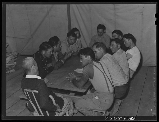 Nyssa, Oregon. FSA (Farm Security Administration) mobile camp. Camp council meeting. The Japanese-American residents of the camp elect the council members. The council is the governing body of the camp within the general regulations of the FSA