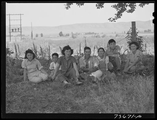 Nyssa, Oregon (vicinity). This family was evacuated from a coastal area to a reception center. Subsequently they volunteered for farm work and moved to the camp. From there they were hired as a group by a local white farmer. They will be allowed to remain on this farm for the duration of the war. Wh