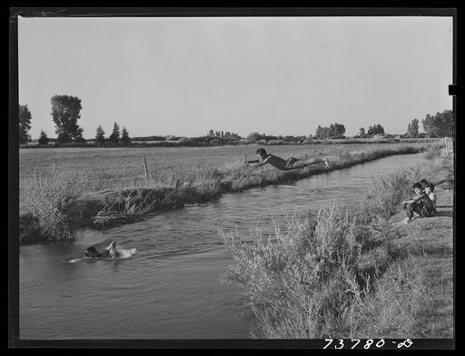 Untitled photo, possibly related to: Shelley, Idaho. Japanese-American boys living at FSA (Farm Security Administration) mobile camp swimming in irrigation ditch
