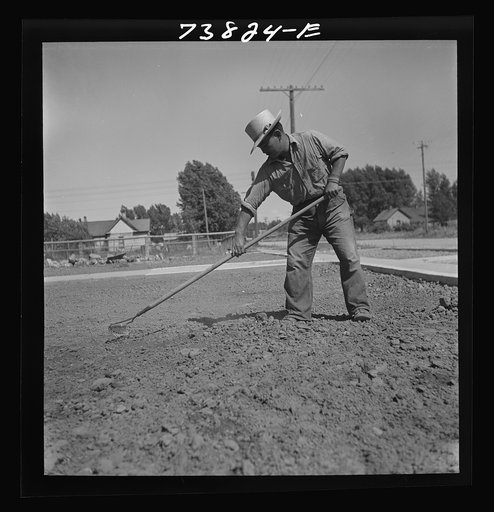 Shelley, Idaho. Japanese farm worker who lives at the FSA (Farm Security Administration) mobile camp working on a lawn in town