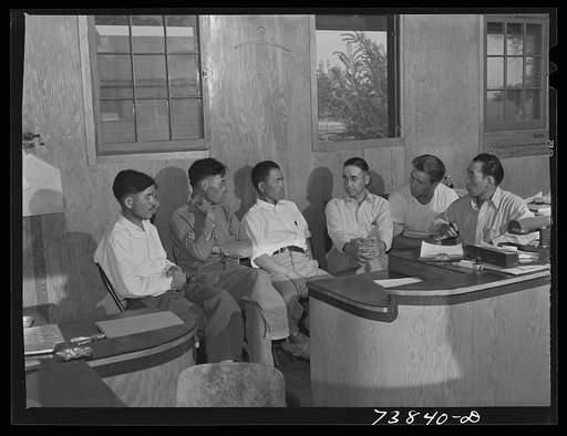 Untitled photo, possibly related to: Rupert, Idaho. Former CCC (Civilian Conservation Corps) camp now under FSA (Farm Security Administration) management. The camp council meeting with the camp manager