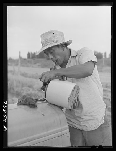 Rupert, Idaho. Former CCC (Civilian Conservation Corps) camp now under FSA (Farm Security Administration) management. Japanese-American filling a tractor radiator