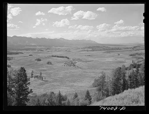 Untitled photo, possibly related to: Blaine County, Idaho. Valley of the upper Salmon River looking towards the Sawtooth Mountains
