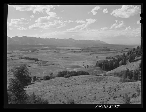 Blaine County, Idaho. Valley of the upper Salmon River looking towards the Sawtooth Mountains