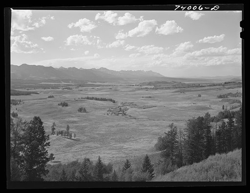 Blaine County, Idaho. Valley of the upper Salmon River looking towards the Sawtooth Mountains