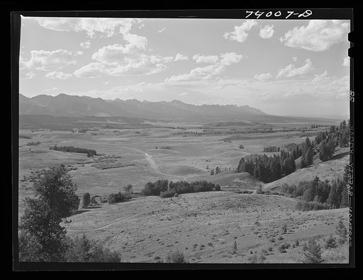 Untitled photo, possibly related to: Blaine County, Idaho. Valley of the upper Salmon River looking towards the Sawtooth Mountains