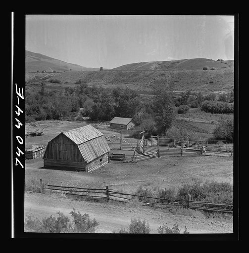Untitled photo, possibly related to: Lemhi County, Idaho. Barn and corrals of a cattle ranch