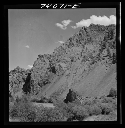 Salmon River Valley narrows and the mountains rise abruptly from the valley floor. Custer County, Idaho