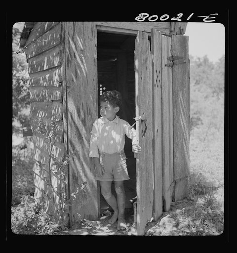 Little John Fredrick stands on the outside "where the flies ain't so bad." John Fredrick's privy, Saint Mary's County, Maryland