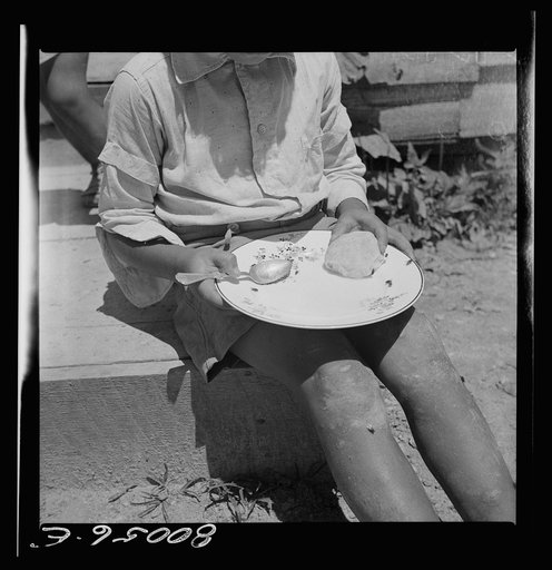 Untitled photo, possibly related to: John Fredrick's son eating his lunch in the sun. Charles County, Maryland, near La Plata, Maryland