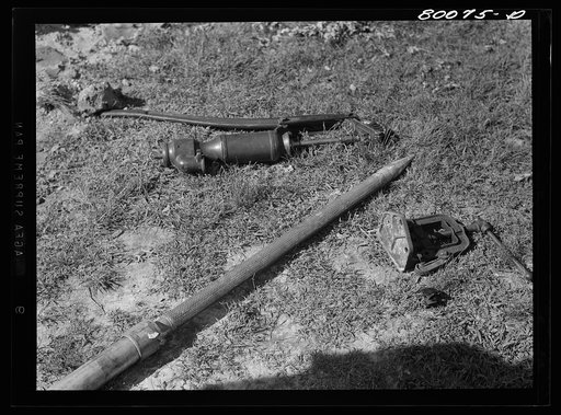 A few implements: pipe vise, single tube casing, and sand point band pump. Safe well demonstration, Ridge, Maryland