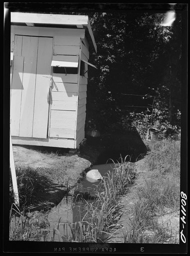 Untitled photo, possibly related to: Drainage ditch runs under privy and down to house. Good drainage site for privy would have avoided this health hazard. Saint Mary's County, Maryland
