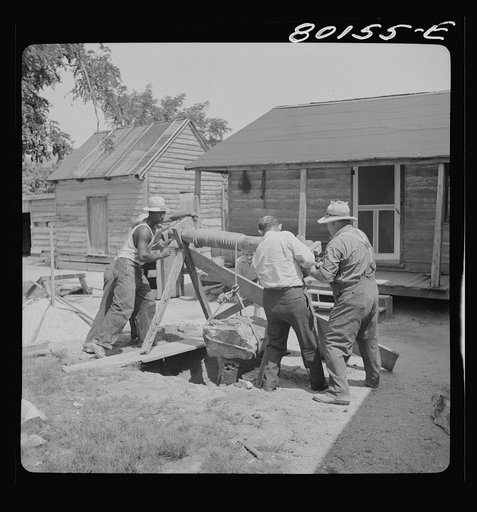 Windlass lifts cement wall from well. John Hardesty well project, Charles County, Maryland