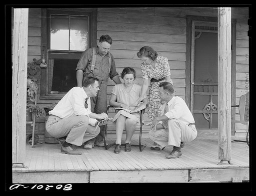 Untitled photo, possibly related to: Health officer, county supervisor and supervisor of home economics discuss home plan with the Hardesty family. Charles County, Maryland