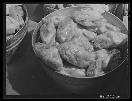 FSA (Farm Security Administration) clients' chickens wrapped and frozen in the Enterprise Ice Meat and Storage Company prior to shipment to Craig Field, Southeastern Air Training Center, Selma, Alabama