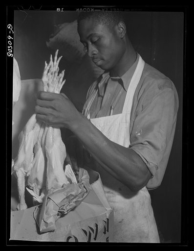 Employee of the Selma Purity Ice Plant packs FSA (Farm Security Administration) "Food for Defense" chickens prior to delivery to Craig Field, Southeastern Air Training Center. Selma, Alabama