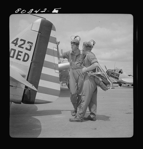 Flight instructors McTaggart and Gumison talk things over. Craig Field, Southeastern Air Training Center, Selma, Alabama