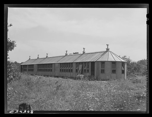 Prefabricated metal hen house on chicken farm near Haymarket, Virginia