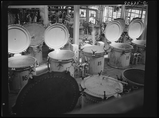 Vegetables are cooked after canning in these compressed steam vats. Phillips Cannery, Cambridge, Maryland