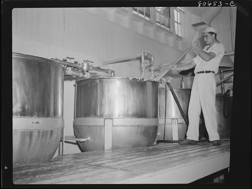 Tomato juice is boiled in open vats and then piped to the canning room. Phillips Packing Company, Cambridge, Maryland