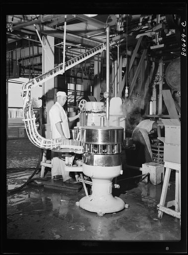 Untitled photo, possibly related to: Filling cans with tomato juice. Phillips Packing Company, Cambridge, Maryland