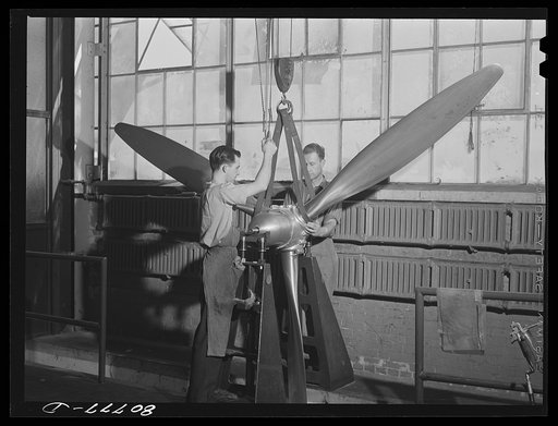 Untitled photo, possibly related to: Balancing propeller. Hamilton propeller plant, East Hartford, Connecticut