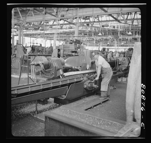 Profiler shaping propeller blade. Hamilton propeller plant, Hartford, Connecticut