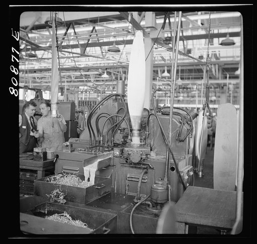 East Hartford, Connecticut. Blade reamer spinning out the base of a propeller at the Hamilton propeller plant