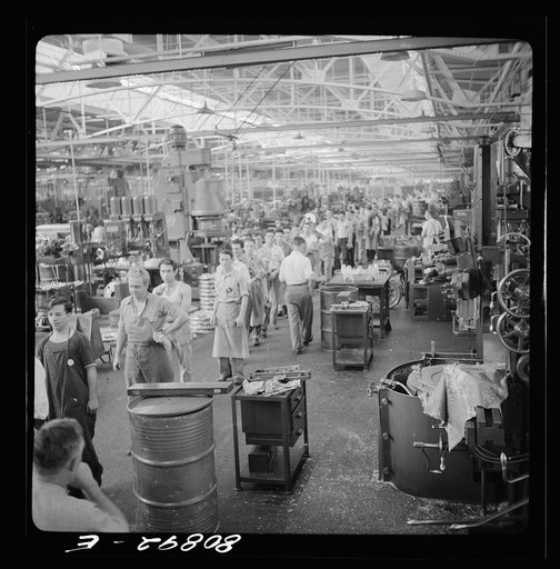 The three o'clock shift on way out. Pratt and Whitney Aircraft Corporation. East Hartford, Connecticut